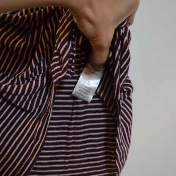 SPLASH Brown-White Stripes Pattern Small Front Pocket Tied Waist Rayon Top S - Picture 4 of 6